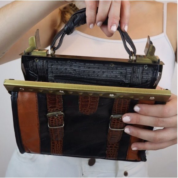 Vintage 90’s Leather and Snakeskin & Brass Bag - Picture 2 of 4